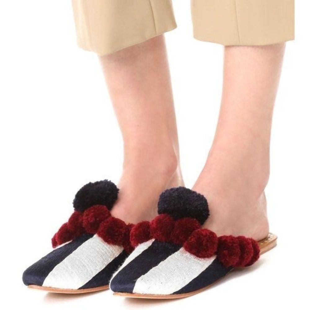 Figue Frida Slide Mule Striped Pom Pom Flat Sandal